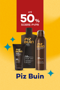 Protetores Solares da marca Piz Buin com destaque promocional de at&eacute; 50% sobre pre&ccedil;o de Venda ao P&uacute;blico Recomendado